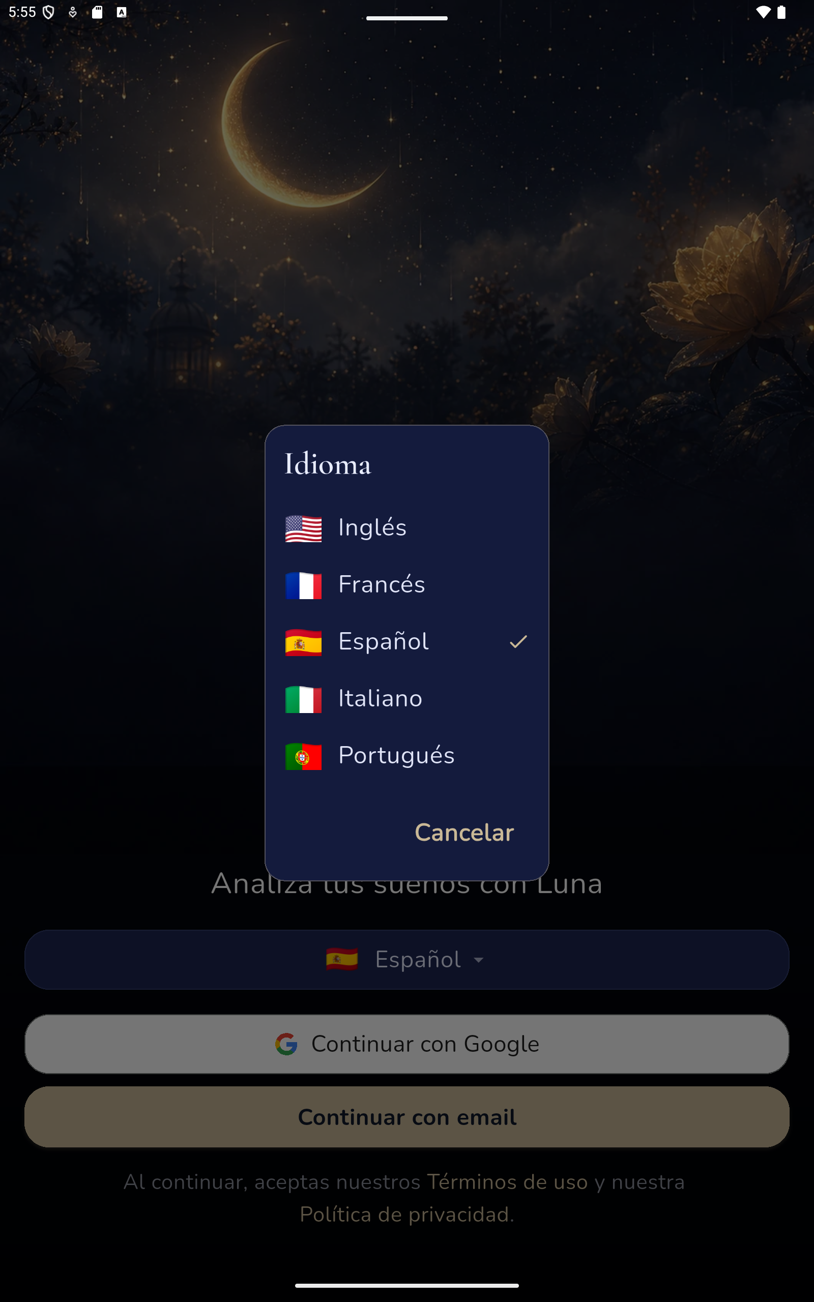 Inicio de sesión e idioma